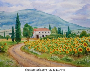 Hand Drawn Watercolor Painting Of Sunflower Farm. Landscape Painting With Mountain, Rural Scenery, Farm Land, Sunflower Field, Trees, House, Unpaved Road, Grass, Bushes And Cloudy Sky For Print, Etc