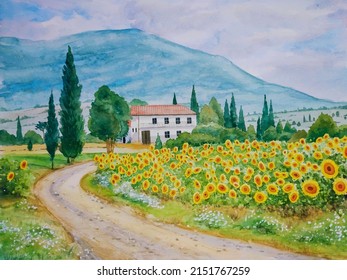 hand drawn watercolor painting of sunflower field. summer landscape painting with beautiful village, mountain, blooming flowers, trees, street, shrubs, agricultural area and bright day for print, etc