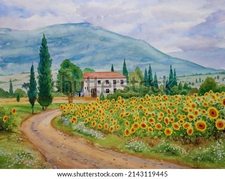 hand drawn watercolor painting of sunflower farm. landscape painting with mountain, rural scenery, farm land, sunflower field, trees, house, unpaved road, grass, bushes and cloudy sky for print, etc