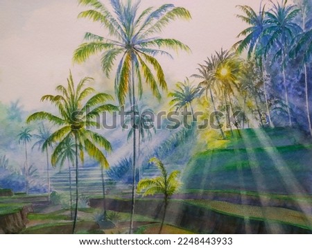 hand drawn watercolor painting of sunrise and rice terrace. landscape painting with coconut trees, palm trees, paddy fields, rice terrace, misty morning, tree silhouette and sunlight through the trees