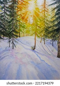 Hand Drawn Watercolor Painting Of Sunset In Snowy Forest. Winter Landscape Painting With Pine Trees, Snow Field, Sunlight Through The Trees, Shadow And Bright Sky For Print, Etc 