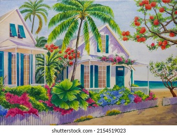 Hand Drawn Watercolor Painting Of Tropical Beach House. Landscape Painting With Building, Beach, Sea, Blue Water, Sand, Flamboyant, Palm, Coconut Tree, Flowers,fence And Bright Sunny Day For Print,etc