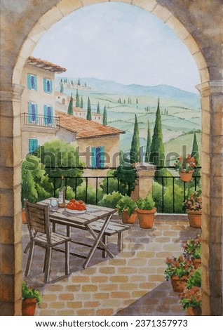 hand drawn watercolor painting of Tuscan balcony view. Architectural painting with wooden table and chair, plants, flower in pots, Italian house, cypress trees, village,farmland, hills and sunny sky