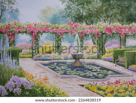 hand drawn watercolor painting of victorian garden. landscape painting with blooming flowers, colorful petals, pond, water lilies, fountain,trees,green hedgerow, arbors,flower bed,bench and bright sky