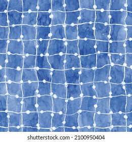 Hand drawn watercolor painting wavy seamless pattern. Blue colored grid background. Wavy lines with circles on textured paper. Template for design, textile, wallpaper, carpet, ceramics.