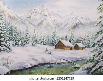 hand drawn watercolor painting winter mountain scenery  landscape painting and snowy mountains  forest  pine trees covered by snow  river  clear water  stones wooden cabins   blue sky for print etc