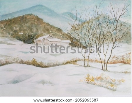 hand drawn watercolor painting of winter at country side. landscape painting with scienic snow field, trees, mountains,and house for illustration, print, background, etc