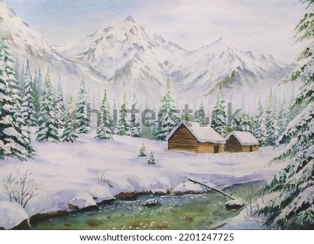 hand drawn watercolor painting winter mountain scenery. landscape painting with snowy mountains, forest, pine trees covered by snow, river, clear water, stones,wooden cabins and blue sky for print,etc