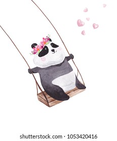 Hand Drawn Watercolor Panda On The Swing