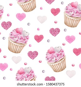 Hand drawn watercolor pattern with cupcake and hearts dedicated to Saint Valentine's Day.Romantic concept.Pink accent.Seamless ornament for wallpaper,wrapping paper - Powered by Shutterstock