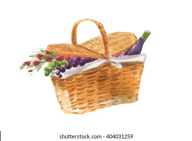 手描きの水彩ピクニックバスケットとブドウ のイラスト素材