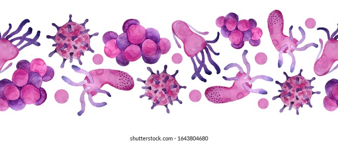 Hand drawn watercolor pink purple viruses and bacteria seamless horizontal border. Microscopic cell illness, virus, bacterium and microorganism illustration. Microbiology concept. Flat elements for