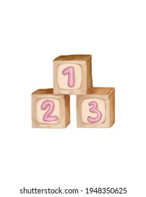 Hand Drawn Watercolor  Pink Wood Blocks Toys For Baby Girl  In Cartoon Cute Style, Isolated  Illustration On White.