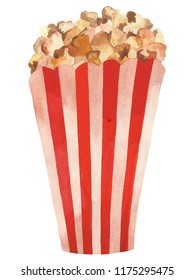 Hand Drawn Watercolor Popcorn Can On White Background.