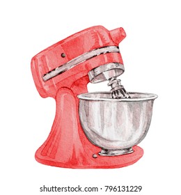 Hand Drawn Watercolor Red Mixer On White Background.