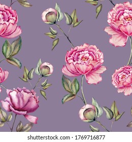 Hand drawn watercolor repeated pattern with peony flowers. Illustration in retro style
