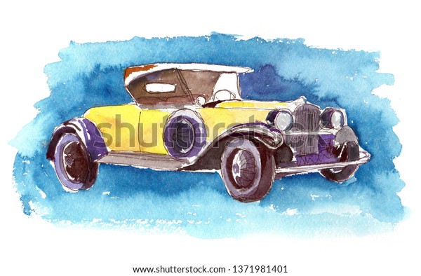 Hand drawn watercolor\
retro vintage car