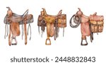 Hand drawn watercolor saddle set. Cowboy saddle collection isolated on white background