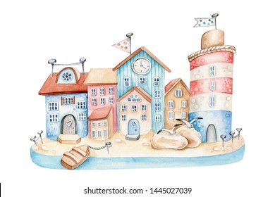 Hand Drawn Watercolor Sea Town.Creative Concept.Buildings At The Seaside.Can Be Used For Postcards, Posters , As A Print