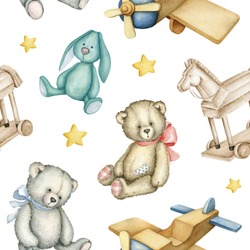 Hand Drawn Watercolor Seamless Pattern With Old-fashioned Toys. Teddy Bears. Bunny Toy. Airplane. Rocking Horse. Watercolor Illustration On White Background.
