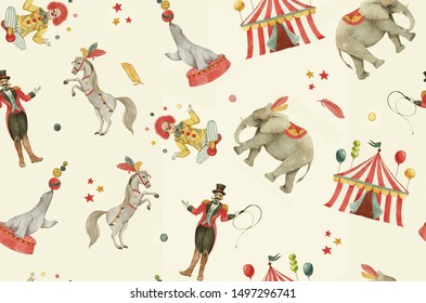 Hand Drawn Watercolor Seamless Pattern With Circus Animals, Clown, Tent, Artists. Childish Cartoon Colorful Background, Repeated Circus Pattern In Retro Style