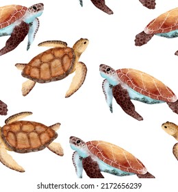 Hand Drawn Watercolor Seamless Pattern With Turtle Tortoise. Sea Ocean Marine Animal, Nautical Underwater Endangered Mammal Species. Blue Gray Illustration For Fabric Nursery Decor, Under The Sea