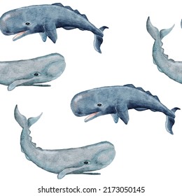 Hand Drawn Watercolor Seamless Pattern With Sperm Whale. Sea Ocean Marine Animal, Nautical Underwater Endangered Mammal Species. Blue Gray Illustration For Fabric Nursery Decor, Under The Sea Prints.