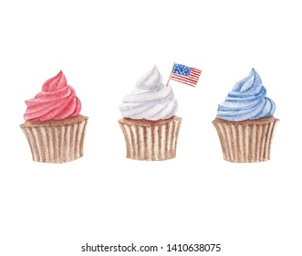 hand drawn watercolor set of cupcakes isolated on white background. 3 cupcakes blue, red and white cream color. one with american flag