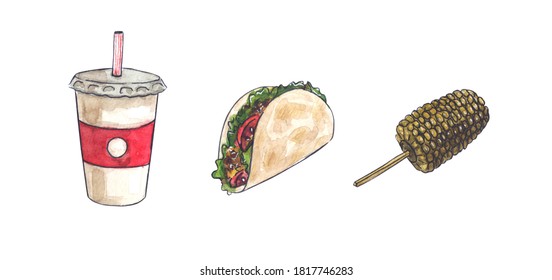 Hand Drawn Watercolor Set With Mexican Fast Food. Taco, Soda And Kettle Corn On Isolated White Background