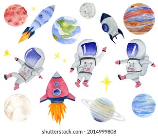 Hand drawn watercolor set of space themed objects. Astronaut, spaceships, planets and stars. It can be used for cards, invitations, baby shower, children birthdays, prints or room decor. - Powered by Shutterstock