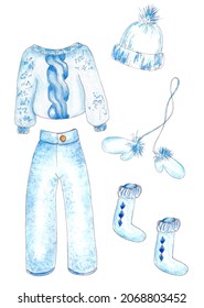 Hand Drawn Watercolor Set Of Winter Knitted Clothing. Blue Woolen Suit