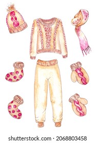 Hand Drawn Watercolor Set Of Winter Knitted Clothing. Brown Woolen Suit