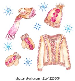 Hand Drawn Watercolor Set Of Winter Knitted Clothing. Brown Woolen Suit