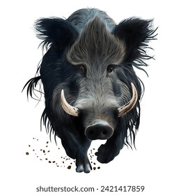 Hand drawn watercolor of single wild boar animal isolated on transparent background.