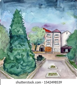 Hand Drawn Watercolor Sketch. Green Fir Tree Near The House. Sun Set Landscape. Urban Sketch. Small Town  Street House. Fir Tree In Garden. Evening, Dusk, Night And Sunset. For Post Card And Print