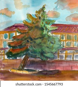 Hand Drawn Watercolor Sketch. Green Fir Tree Near The House. Sun Set Landscape. Urban Sketch. Small Town  Street House. Fir Tree In Garden. Evening, Dusk, Night And Sunset. For Post Card And Print