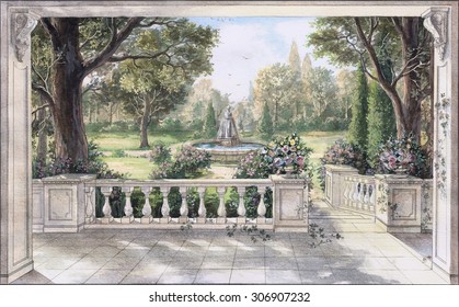 Ручной нарисованный акварельный эскиз с ландшафтом и фонтаном. Вид с террасы на сад с деревьями, цветами и фонтаном. Вид с балкона на сад.