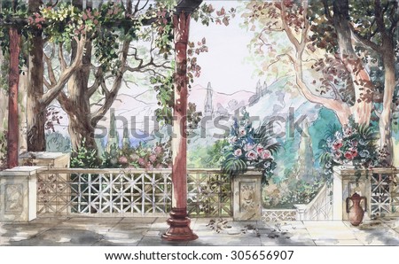 Hand drawn watercolor sketch with landscape and flowers. The view from the terrace on garden. View from the balcony on the the landscape.