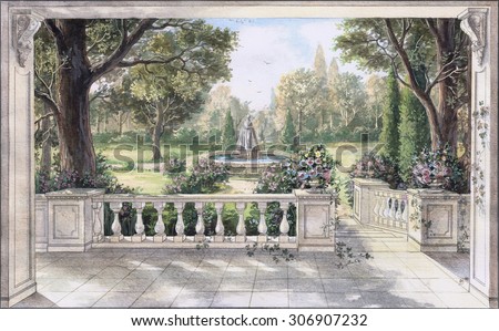 Hand drawn watercolor sketch with landscape and fountain. The view from the terrace on garden with trees, flowers and fountain. View from the balcony on the garden.
