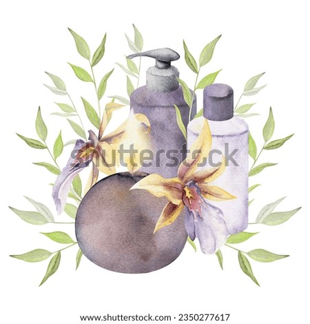 Hand drawn watercolor spa skincare bath beauty products package flowers. Horizontal composition Isolated on white background. Design for wall art, wellness resort, print, fabric, cover, card, booklet