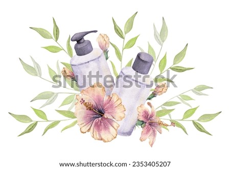 Hand drawn watercolor spa skincare bath beauty products package flowers. Horizontal composition Isolated on white background. Design for wall art, wellness resort, print, fabric, cover, card, booklet