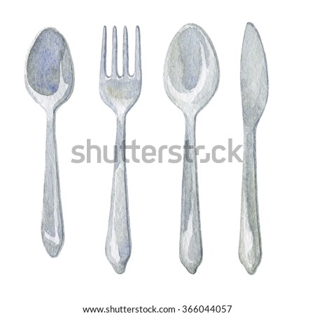 Hand drawn watercolor spoon, fork, knife