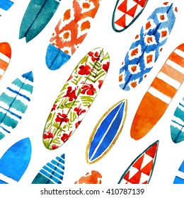 Hand Drawn Watercolor Surfboard Seamless Pattern. Summer Beach Background In Watercolor Style.