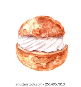 Hand drawn watercolor sweet dessert illustration. Cream puff profiterole semla cake. Pastry for food background, bakery menu, culinary illustration. - Powered by Shutterstock