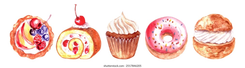 Hand drawn watercolor sweet dessert cake set. Pink donut, cupcake, fruit tart, cherry swiss roll, semla. Different types of pastry for food background, bakery menu, culinary illustration. - Powered by Shutterstock