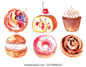 Hand drawn watercolor sweet dessert cake set. Pink donut, cupcake, fruit tart, cherry swiss roll, semla, raisin puff pastry roll. Different types of pastry for food background, bakery menu. - Powered by Shutterstock