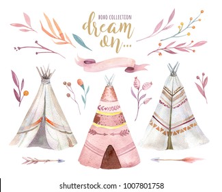 Hand drawn watercolor tribal teepee, isolated campsite tent. Boho America traditional native ornament wigwam. Indian bohemian decoration tee-pee with arrows and feathers.