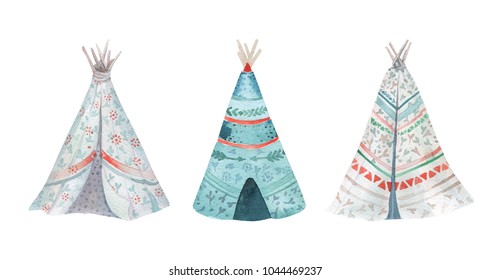 Hand drawn watercolor tribal teepee, isolated white campsite tent. Boho America traditional native ornament. Indian tee-pee with arrows and feathers
