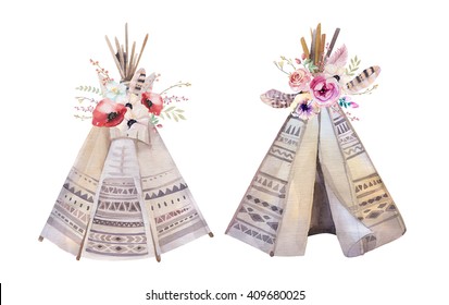 Hand drawn watercolor  tribal teepee, isolated white campsite tent. Boho America traditional native ornament. Indian tee-pee with arrows and feathers