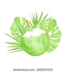 Hand drawn watercolor tropical green coconut cocktail with lime and leaves isolated on white background. Can be used for post card, label, scrapbook and other printed products - Powered by Shutterstock